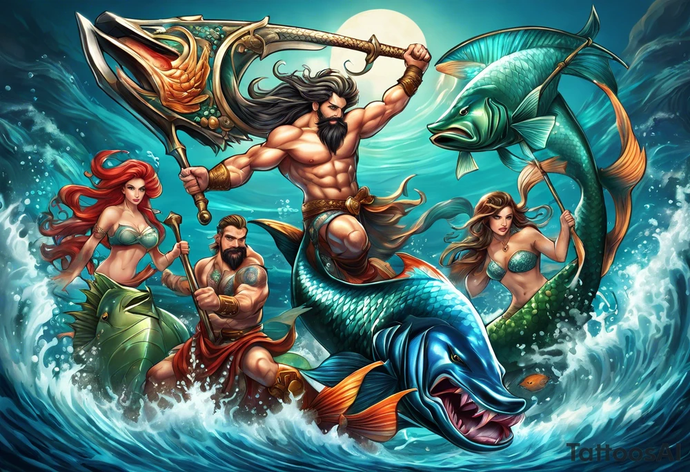 muscular
god 
posideon fighting a sport fish with a trident surrounded by sexy  female 
mermaids tattoo idea