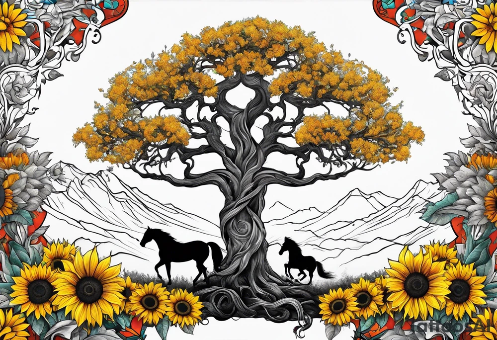 Yggdrasil tree, horse in front of it, and sunflowers tattoo idea
