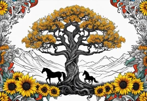 Yggdrasil tree, horse in front of it, and sunflowers tattoo idea