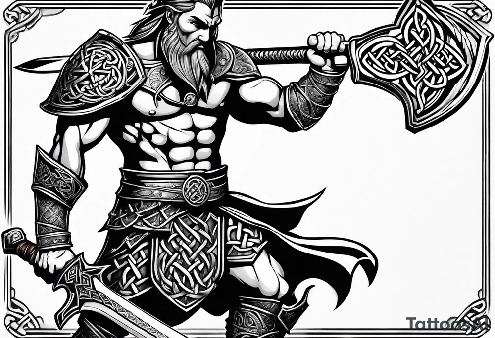 Side full body shot of Celtic warrior with sword and axe. tattoo idea