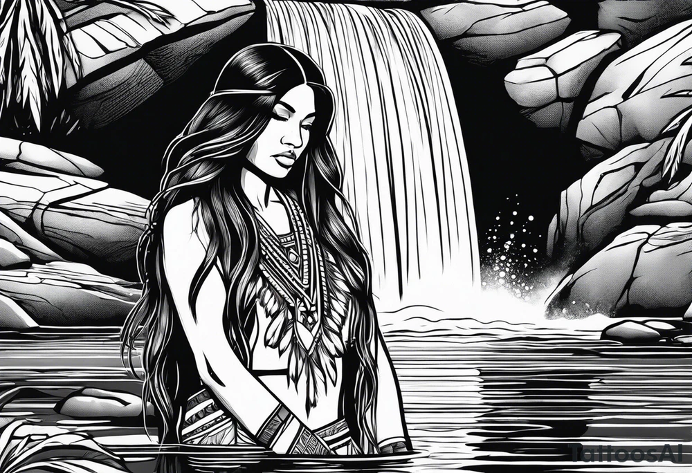 A native American Indian woman by a waterfall she is Aquarius water barrer she has tattoos and her eyes can see right through you tattoo idea
