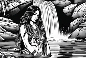 A native American Indian woman by a waterfall she is Aquarius water barrer she has tattoos and her eyes can see right through you tattoo idea