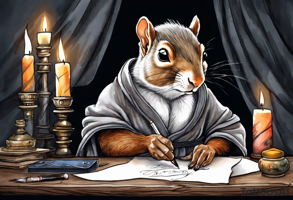 an elderly grey squirrel dressed in a monk robe sitting at a desk in the dark holding a feather quill writing a letter by candlelight tattoo idea