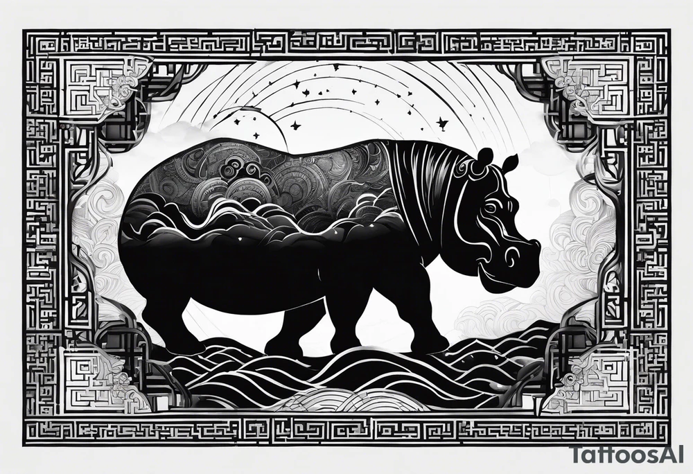 Asymmetrical, geometric, chinese ink art touch, hippo , full moon, tribal, orientation portrait tattoo idea