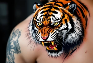 A snarling tiger with piercing yellow eyes, fur detailed in deep orange, white, and jet black stripes include shadows as well tattoo idea