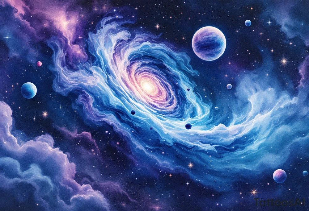 A galaxy scene with stars and planets swirling in deep blue and violet, evoking cosmic freedom. tattoo idea
