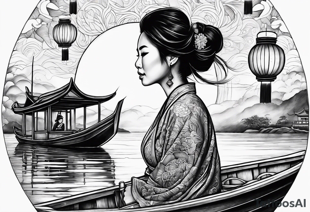 vietnamese lady on boat body,water, lanterns, sunset tattoo idea vietnamese lady on boat body,water, lanterns, sunset tattoo idea
