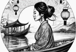 vietnamese lady on boat body,water, lanterns, sunset tattoo idea