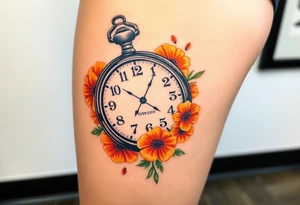 Beautiful pocket watch reading 2:37 with  10/09/2024 and Jackson Calloway in the face of watch surrounded by orange marigolds tattoo idea