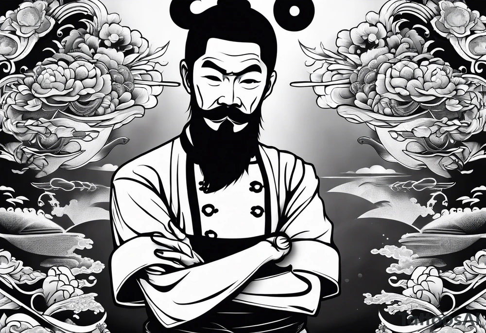 A japanese chef knife in front of Mugiwara Luffy tattoo idea