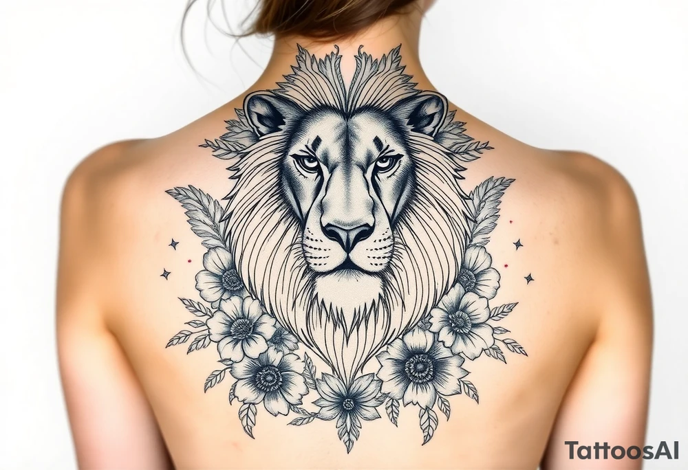 powerful majestic lion with a crown, surrounded by floral ornaments and birds tattoo idea