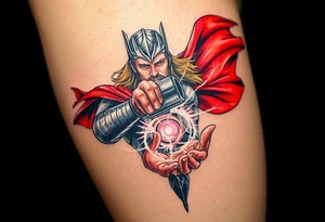 Thor’s red cape flowing in the wind, with Mjölnir spinning above his open palm, creating a vortex of energy, in cinematic full color with glowing white streaks. tattoo idea