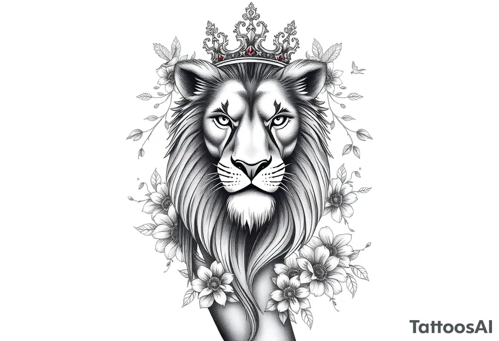powerful majestic lion with a crown, surrounded by floral ornaments and birds tattoo idea