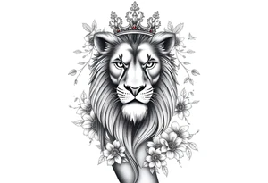 powerful majestic lion with a crown, surrounded by floral ornaments and birds tattoo idea