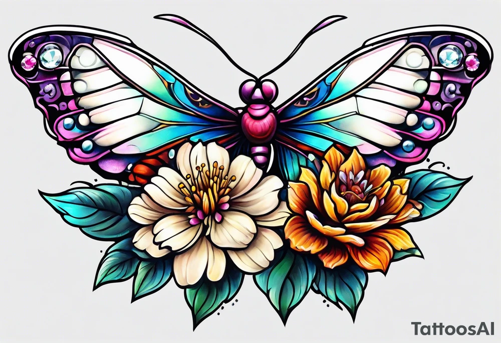 Flower chest piece, 
crystals, moth tattoo idea