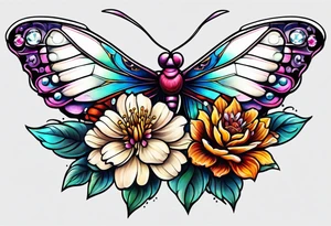 Flower chest piece, 
crystals, moth tattoo idea