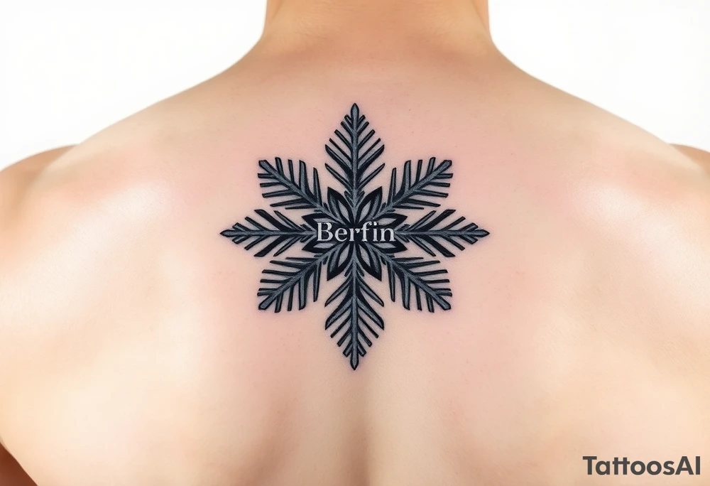 A white snowflake on Blue backround and the name „Berfin“ in it tattoo idea