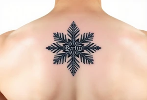 A white snowflake on Blue backround and the name „Berfin“ in it tattoo idea