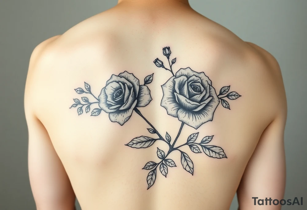 Traditional style black ink with 2 wild roses with forget me nots an olive branch and a lot of leaves for forearm tight together tattoo idea