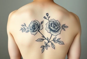 Traditional style black ink with 2 wild roses with forget me nots an olive branch and a lot of leaves for forearm tight together tattoo idea