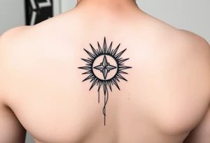 minimal line design for inner forearm. Add a sun with rays that is also a compass with a bit of abstract lines coming down and circling around tattoo idea