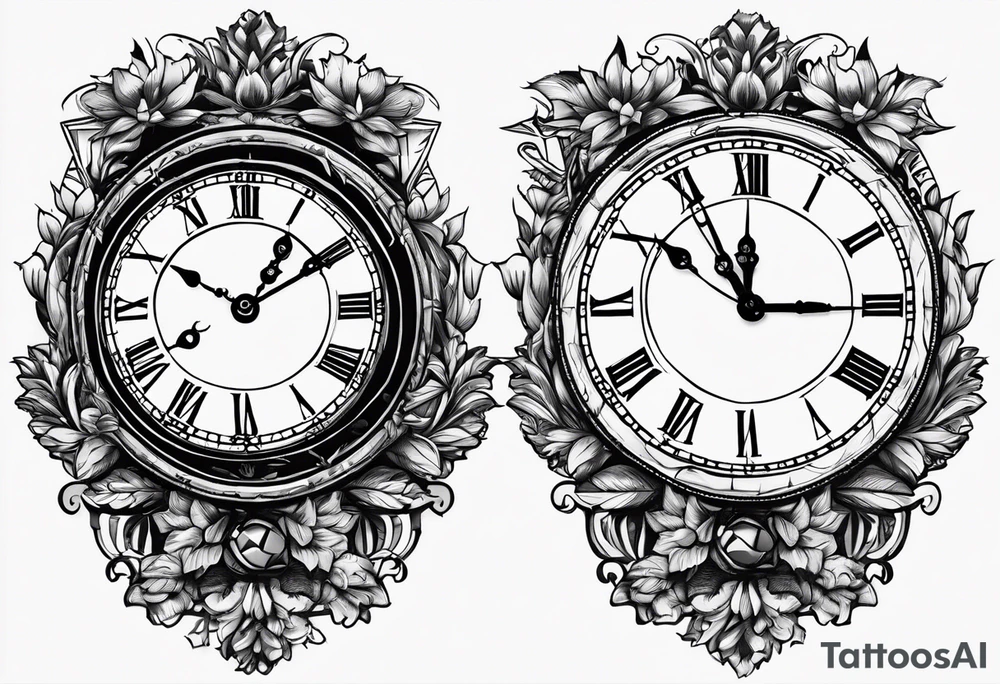 roman numeral clock pointing to the time 10:38am and make it a broken in half clock tattoo idea