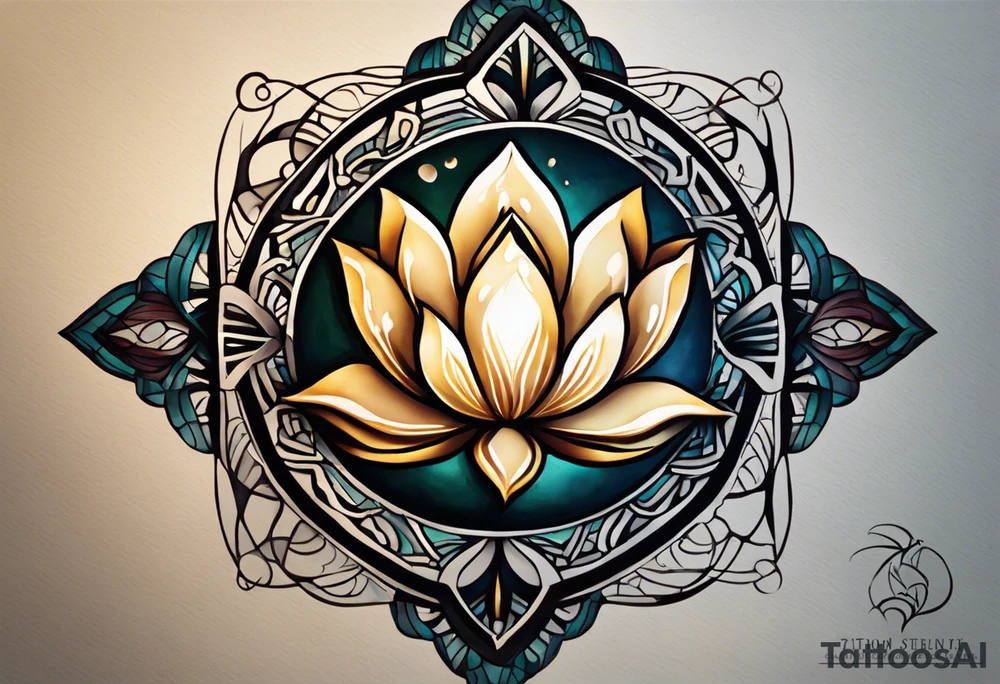 Make a tattoo of a lotus flower, stone, a science helix and a Greek delta in the shape of a lotus. the rocky area to symbolizes strength, a science helix to symbolize resiliency and a Greek delta to symbolize transformation. The tattoo should overall represent resiliency and strength and present a strong, firm foundation that displays strength in the face of trauma. Make sure to also be able to identify the rock, the helix and the delta symbol separately and not mixed together as each element is important tattoo idea
