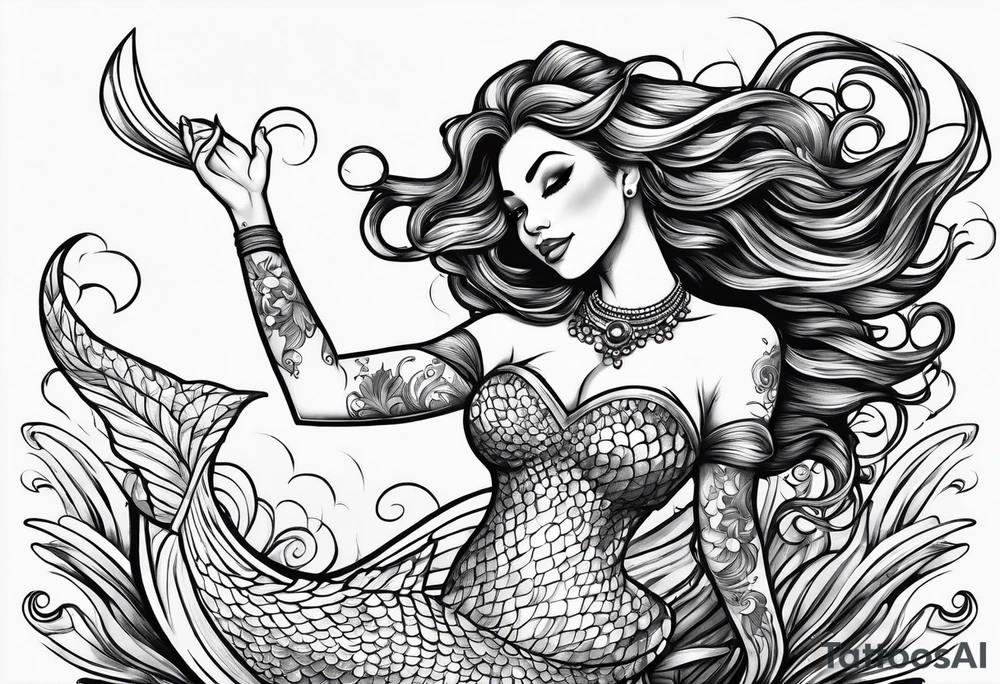 Mermaid with her arm up in the air above her head and smiling tattoo idea