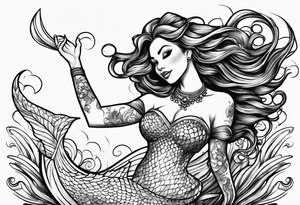 Mermaid with her arm up in the air above her head and smiling tattoo idea