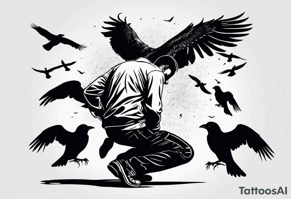 Silhouette of a man on his hands and knees bent over with crows coming out his back flying away. tattoo idea