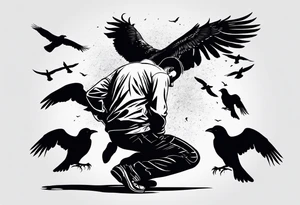 Silhouette of a man on his hands and knees bent over with crows coming out his back flying away. tattoo idea