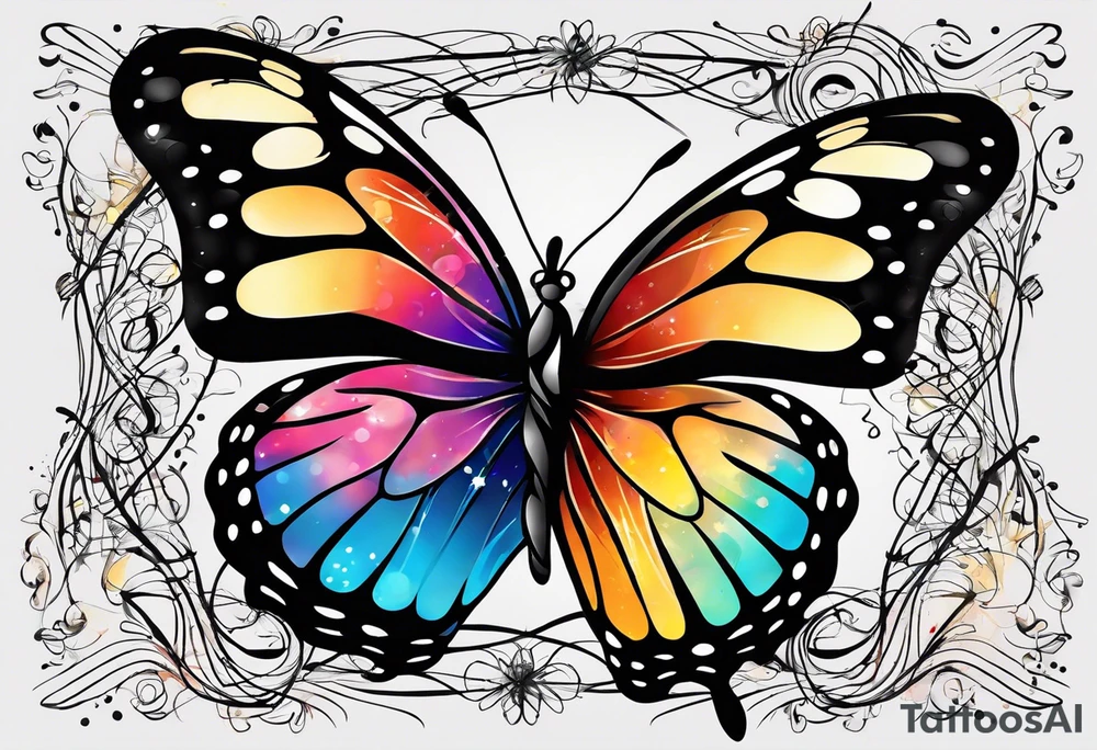 butterfly with one wing black scribbles, the other wing beautiful and colorful, the body has the date 1.9.2023 and the words written "I chose to live." tattoo idea