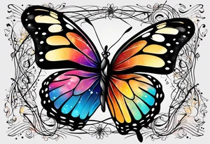 butterfly with one wing black scribbles, the other wing beautiful and colorful, the body has the date 1.9.2023 and the words written "I chose to live." tattoo idea