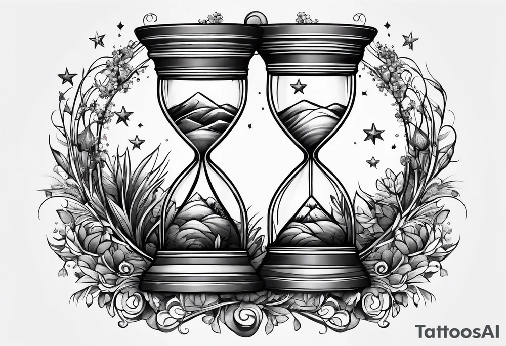 hourglass with vegetation, stars and hydrogen atoms tattoo idea