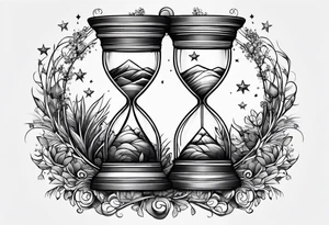 hourglass with vegetation, stars and hydrogen atoms tattoo idea