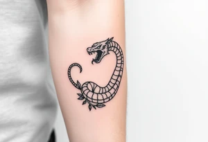 Large mythical creepy serpent near plants tattoo idea