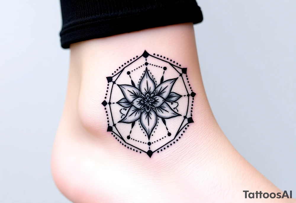 Hexagon with astrological sign for Leo,  larkspur and water lilies in the center tattoo idea