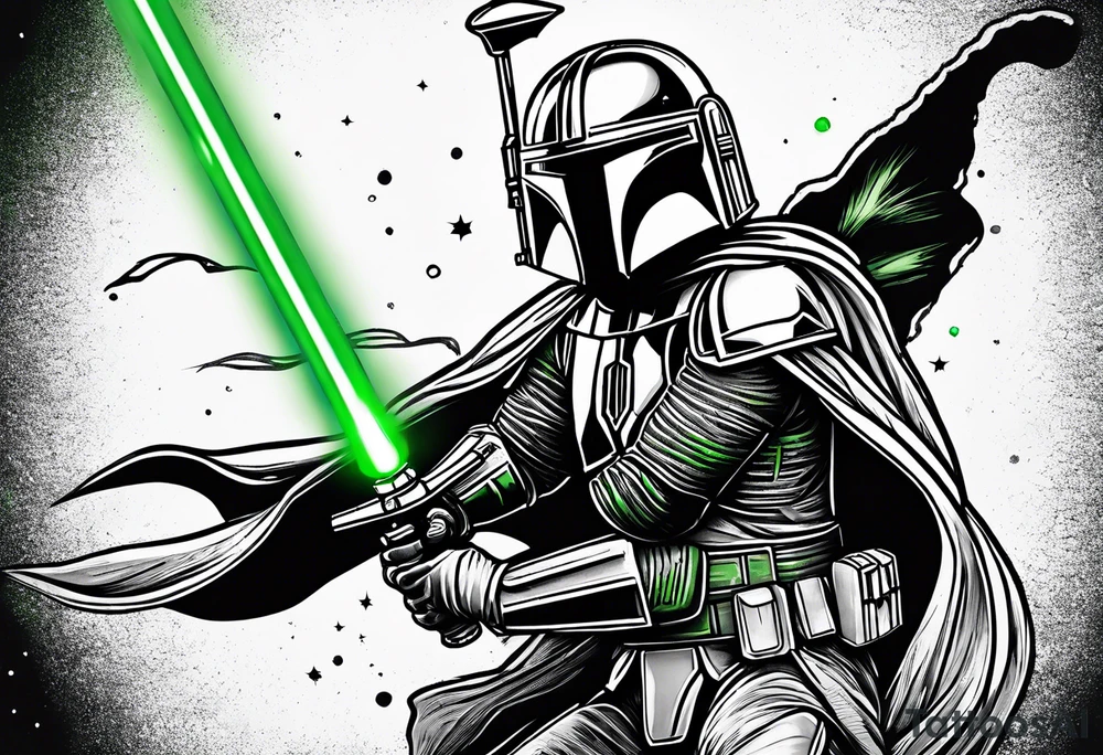 Baby grogu wearing mandalorian armor fighting Darth vader while wielding a green lightsaber tattoo idea