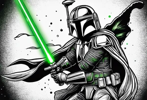 Baby grogu wearing mandalorian armor fighting Darth vader while wielding a green lightsaber tattoo idea