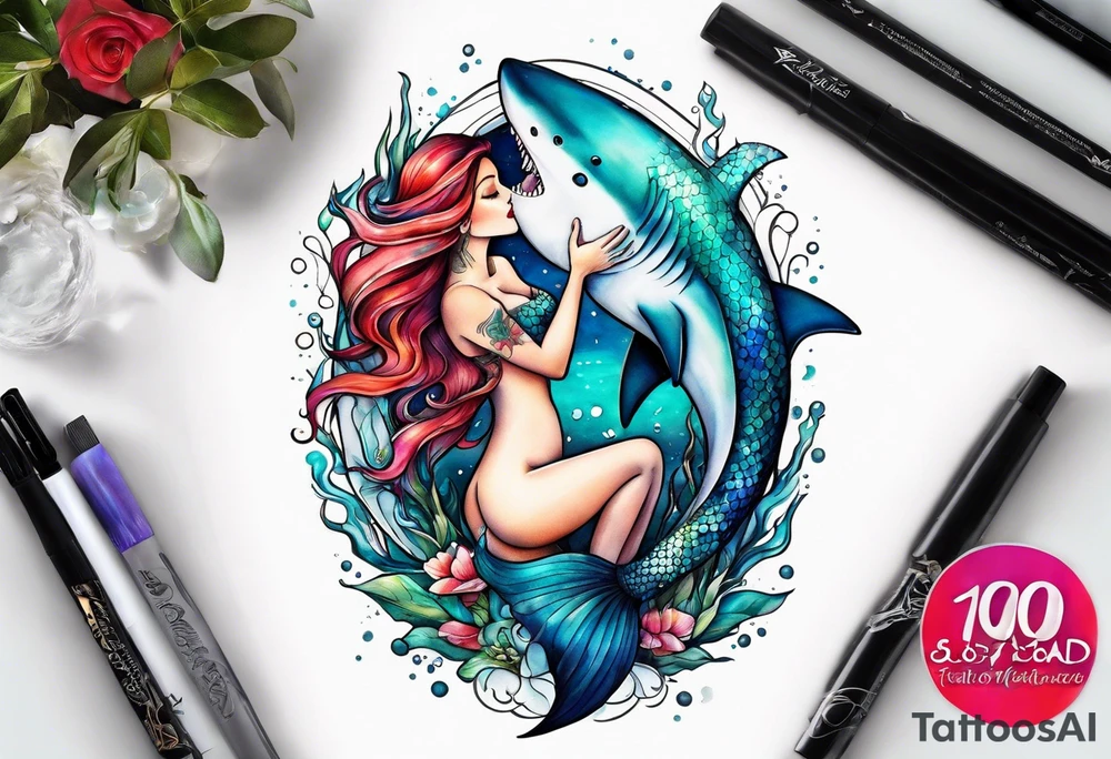 Mermaid kissing a shark tattoo idea