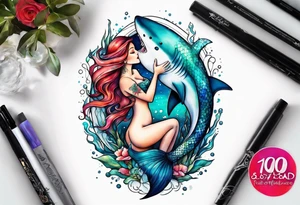 Mermaid kissing a shark tattoo idea