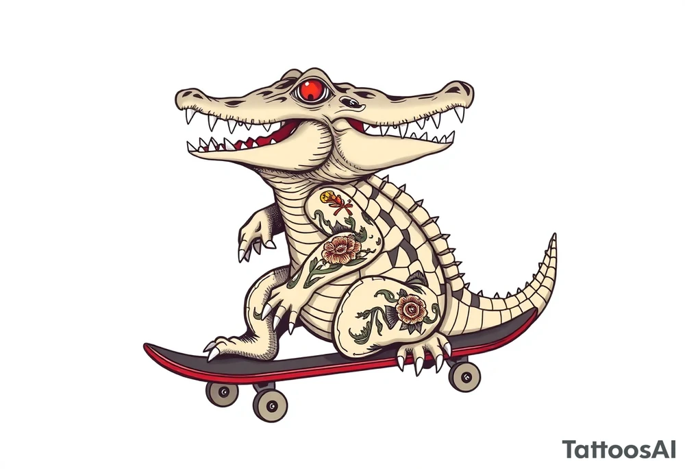 crocodile riding a skateboard with piercings and tattoos tattoo idea