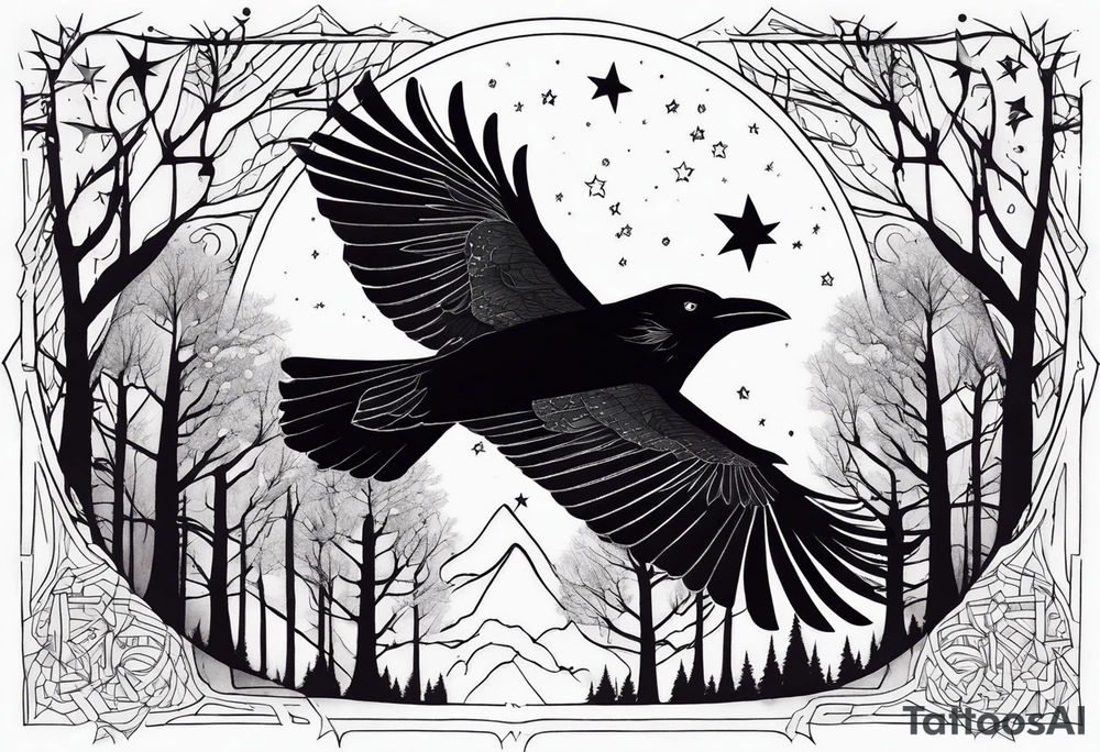 Raven flying, occult, mystical, knowing, light behind its eyes, ethereal, stars and trees in the background tattoo idea