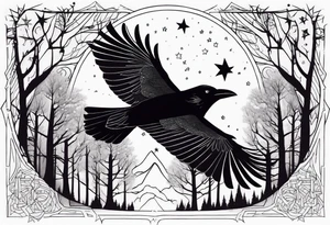 Raven flying, occult, mystical, knowing, light behind its eyes, ethereal, stars and trees in the background tattoo idea