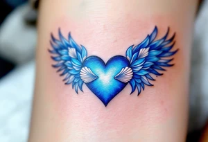 Ocean Heart with Seashell Wings – A deep blue heart, surrounded by seashell-adorned wings, symbolizing love that is fluid, deep, and eternal like the ocean. tattoo idea