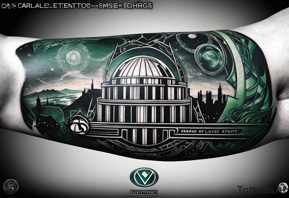 Full arm sleeve tattoo extending from shoulder to wrist featuring the Superman shield, Batman emblem, Green Lantern Corp emblem, Star Wars Rebel Alliance emblem, the Death Star. I'd like the area filled around to resemble landscape and architecture from Lord of the Rings tattoo idea