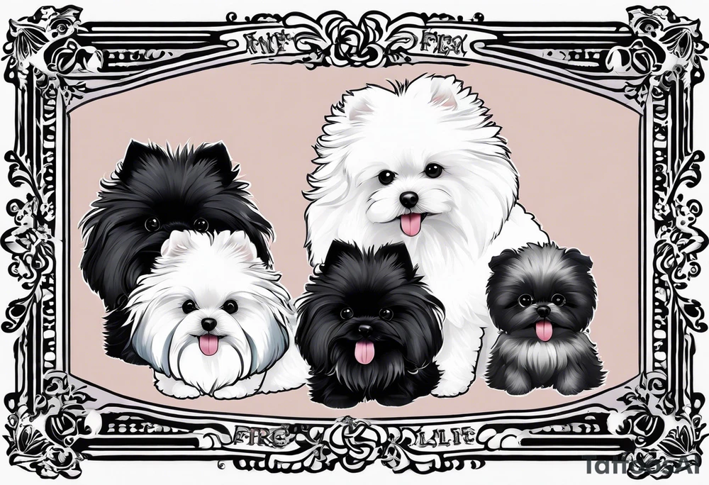 A white Bichon frise with a black pomeranian and a black poodle with the words “MFer 4 Life” tattoo idea