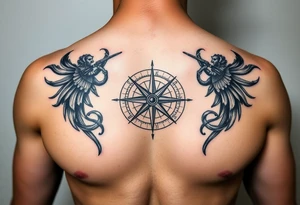 Chest tattoo with Roman stoic theme with sun dial compass tattoo idea