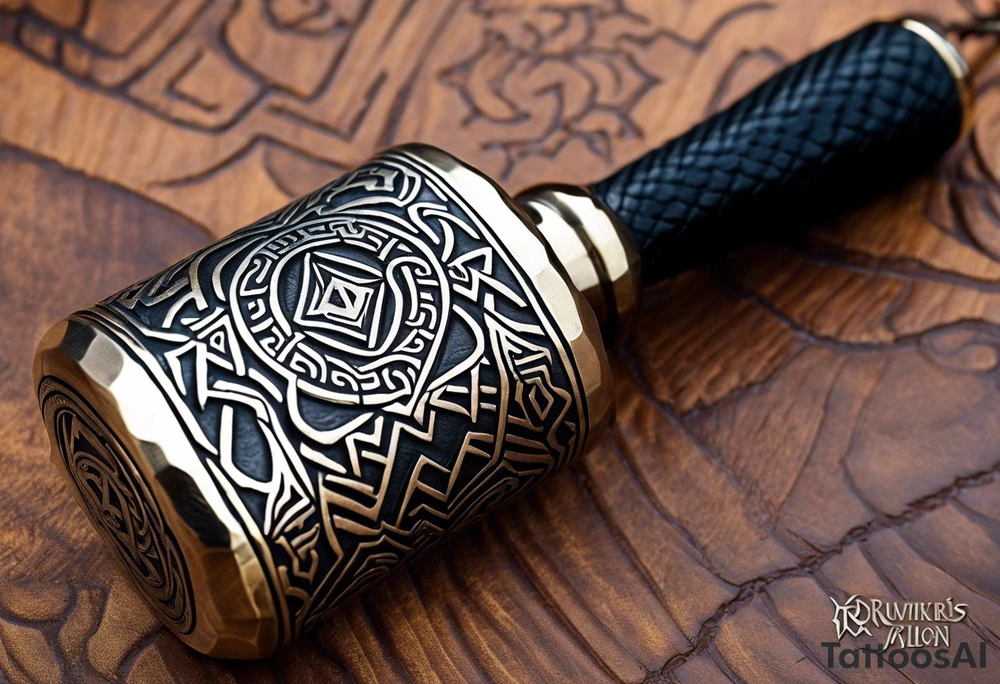 Design a powerful hammer tattoo inspired by Thor's Mjolnir. The hammer should have intricate Norse patterns carved into its head, symbolizing strength and protection. Lightning bolts should surround the hammer, emphasizing its connection to thunder and power. The handle can be wrapped in leather-like textures for a rugged feel, with runes etched along its length to add an authentic Viking touch. The overall style should blend realism with a slight fantasy vibe, highlighting the mystical aura of Thor’s weapon tattoo idea