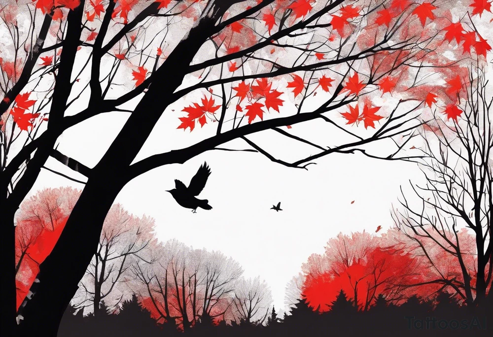 trash polka style. Arm tattoo. chest tattoo. Long tattoo. large tattoo. Full sleeve. Shoulder. A single large maple tree with red autumn leaves that branches upwards from wrist to shoulder. White-throated dipper bird on the trees branches. Calluna flowers at the base of the trees stem. Tree stem has dark colors. Red/yellow sunset behind the trees stem. Leaves falling. tattoo idea